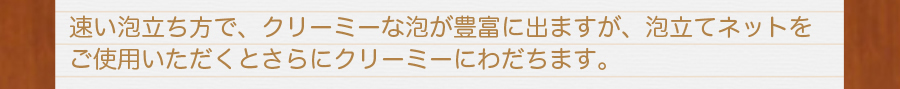 早い泡立ち方で、クリーミーな泡が豊富に出ますが、泡立てネットをご使用いただくとさらにクリーミーに泡立ちます。